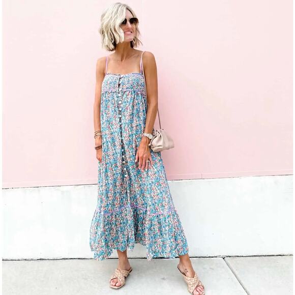 Free People Molly Jo Floral Midi Sleeveless Dress Prairie Cottage Bohemian XL - Picture 7 of 17